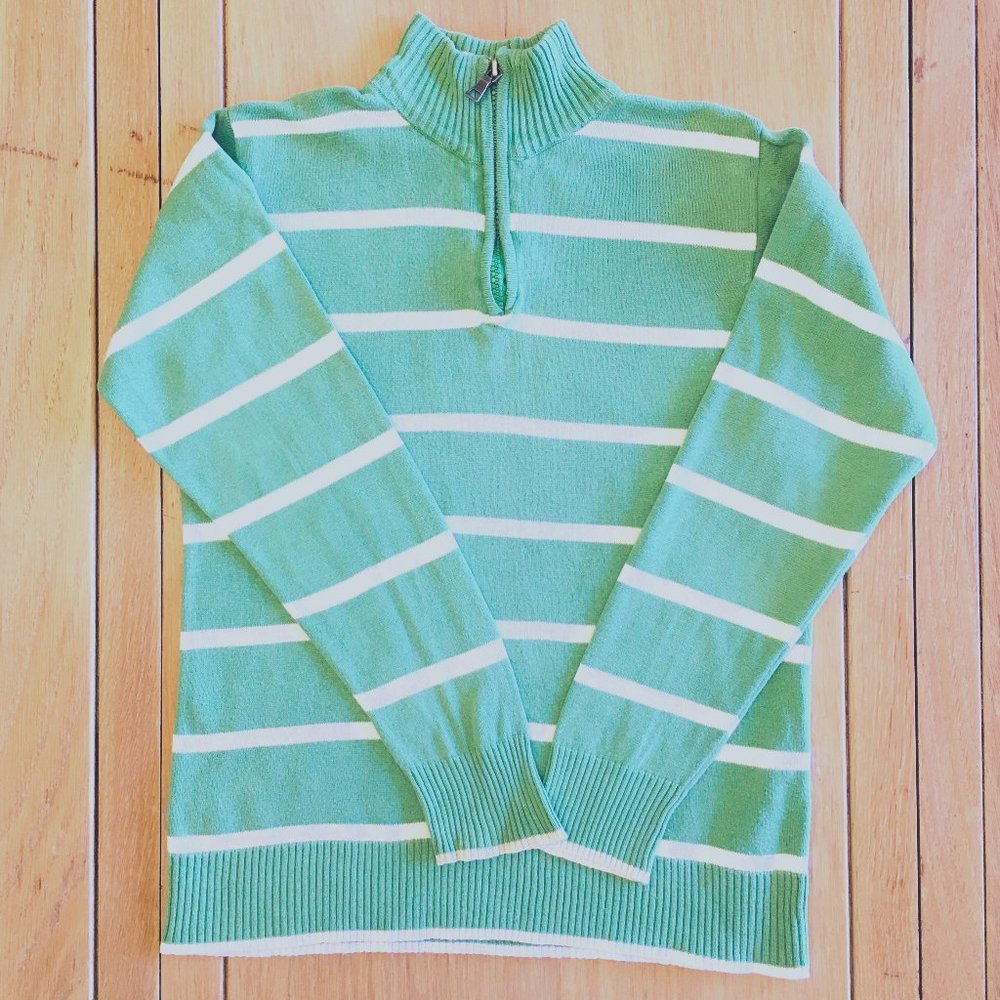 Children's Place Boys Green Striped 1/4 Zip Long Sleeve Sweater, Medium (7/8)